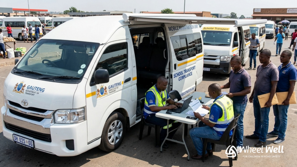 Provincial Department of Transport mobile registration unit assisting scholar transport operators with compliance paperwork.