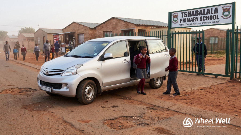 Toyota Avanza dropping off young learners safely at a South African township school gate.