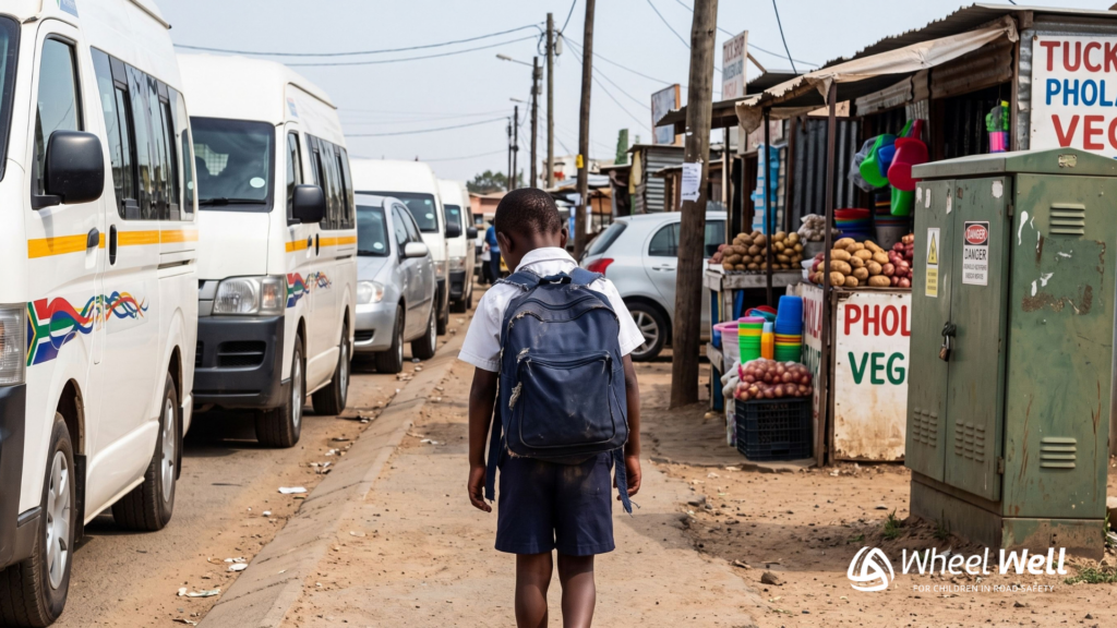 A six-year-old learner with a heavy backpack walking along an unpaved road shoulder beside parked minibus taxis and vendor stalls.