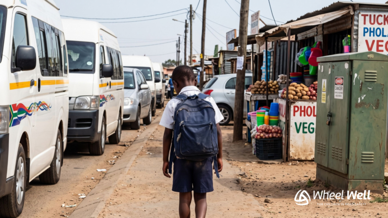 A six-year-old learner with a heavy backpack walking along an unpaved road shoulder beside parked minibus taxis and vendor stalls.