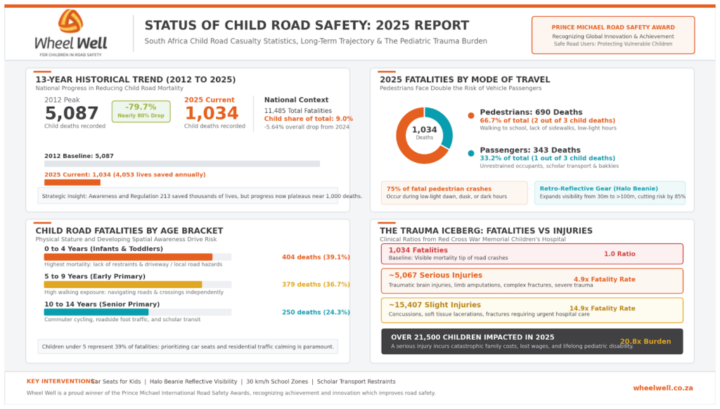 Wheel Well 2025 child road safety report infographic highlighting road casualty statistics in South Africa.