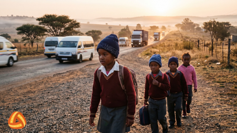 Young South African schoolchildren walking along an unpaved high-speed road corridor during low visibility sunrise.