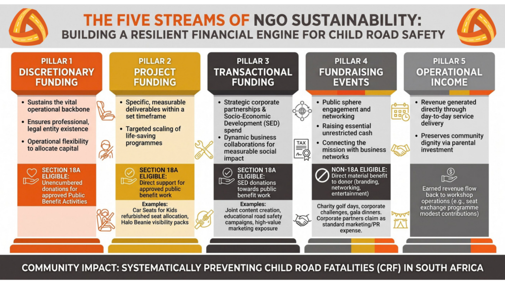 Diagram illustrating the five revenue streams of sustainable non-profit child road safety initiatives.