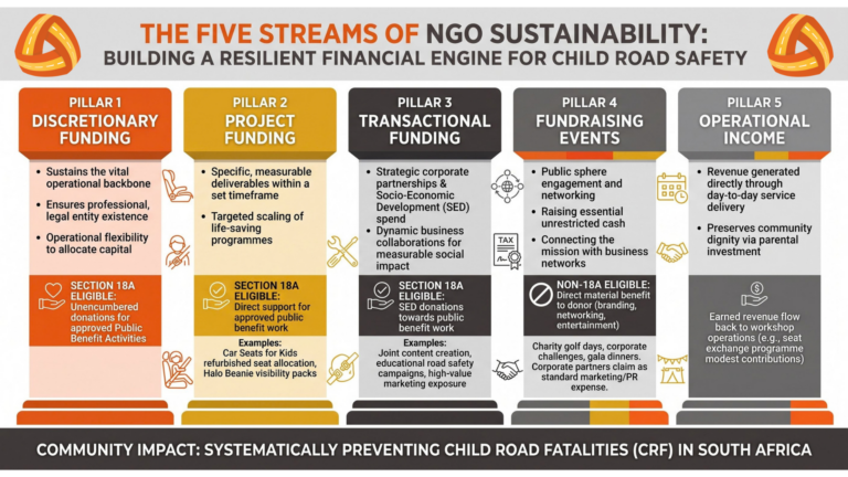Diagram illustrating the five revenue streams of sustainable non-profit child road safety initiatives.