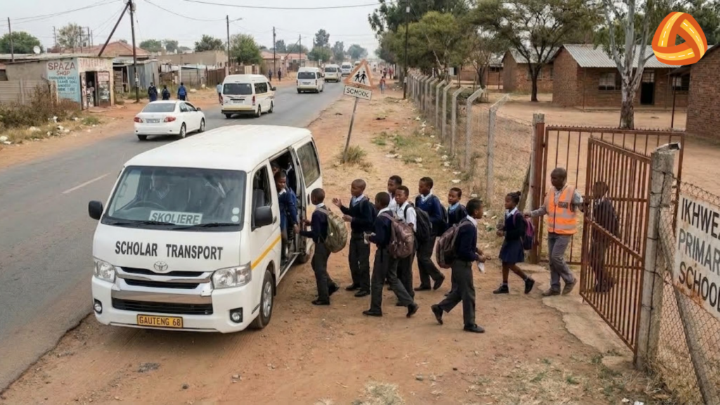 Dedicated scholar transport vehicle dropping learners off in a designated school zone in South Africa.
