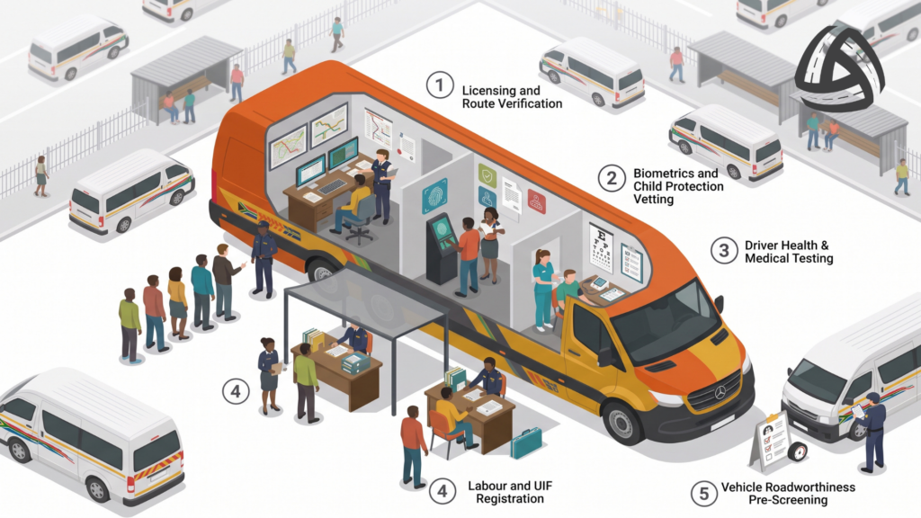 Five essential desks of a mobile compliance van for public transport operators in Gauteng.