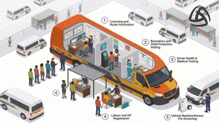 Five essential desks of a mobile compliance van for public transport operators in Gauteng.