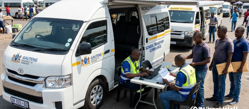 Provincial Department of Transport mobile registration unit assisting scholar transport operators with compliance paperwork.