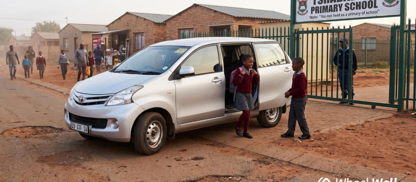 Toyota Avanza dropping off young learners safely at a South African township school gate.
