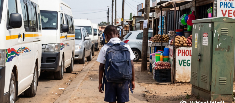 A six-year-old learner with a heavy backpack walking along an unpaved road shoulder beside parked minibus taxis and vendor stalls.