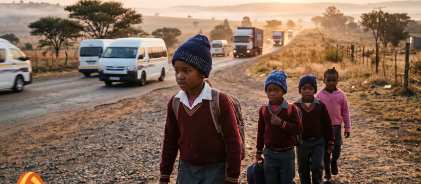 Young South African schoolchildren walking along an unpaved high-speed road corridor during low visibility sunrise.