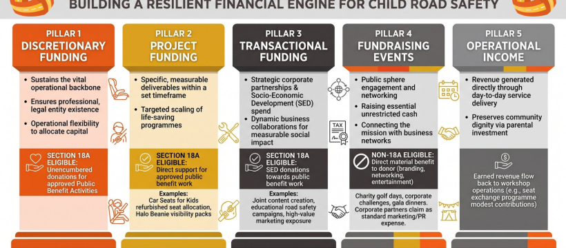 Diagram illustrating the five revenue streams of sustainable non-profit child road safety initiatives.