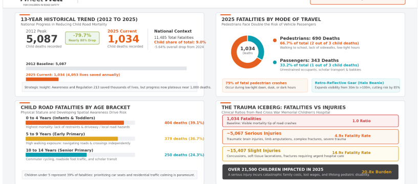 Wheel Well 2025 child road safety report infographic highlighting road casualty statistics in South Africa.